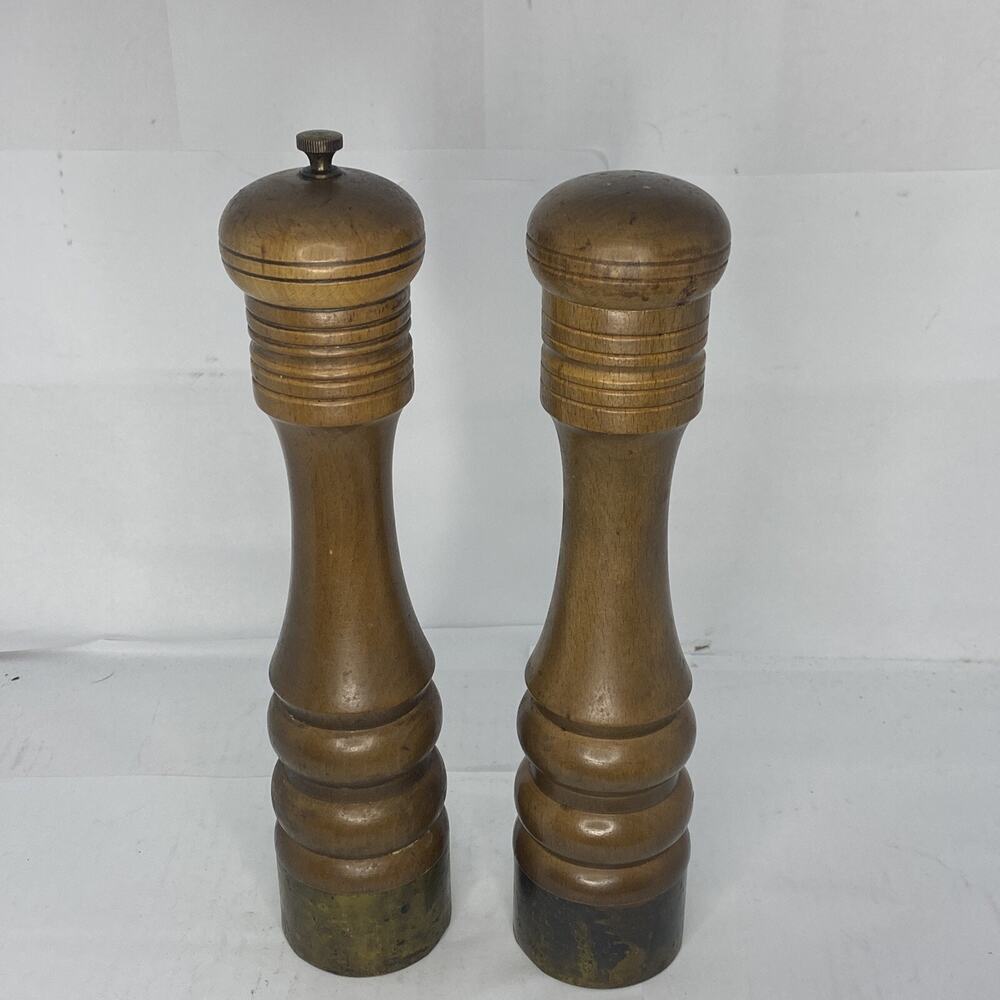 Vintage Nasco Mid Century 10” Wood and Brass Salt and Pepper Mill Japan